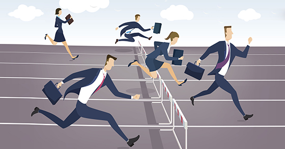 Cartoon character, Businessman and businesswoman jumping over hurdles Business concept, Businessman and businesswoman jumping over hurdles.