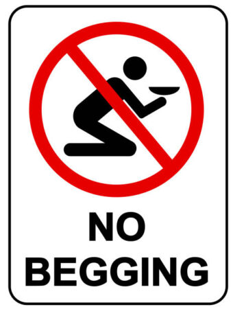 No begging in this area. No panhandling. Prohibition sign  with silhouette of person and text. White background.